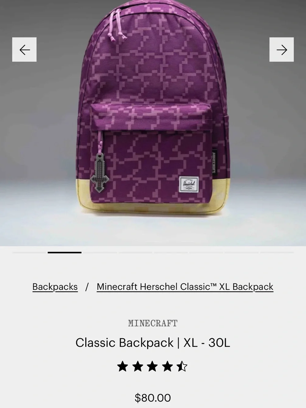 Herschel x Minecraft Classic Backpack XL 30L  NWOT
